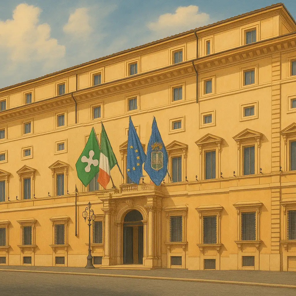 Esposizione classica di 4 vessilli, tipica delle sedi di Comuni e Province appartenenti a Regioni che prevedono l'esposizione della propria bandiera in tutti gli edifici pubblici nel territorio regionale: in questo caso avremo da sinistra a destra: la bandiera regionale, quella italiana, quella europea e quella provinciale/comunale.